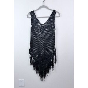 Crochet Fringe Cover Up Top S/M Black Open Knit Boho Festival Swimwear Layering